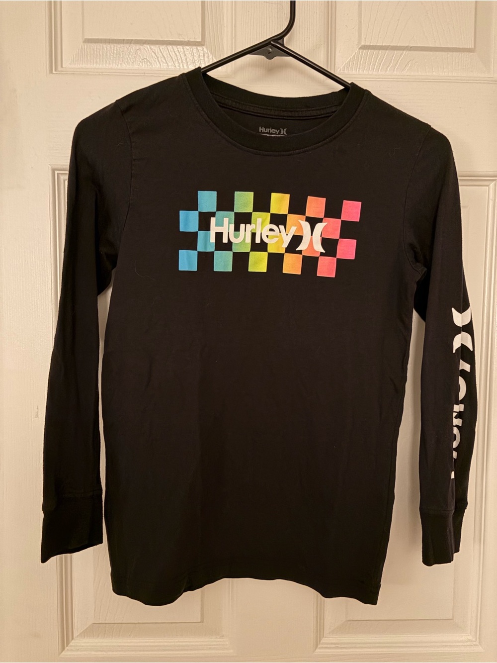Hurley Black Long Sleeve Tee with Rainbow Check Logo
